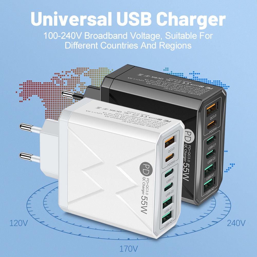 6-Port USB PD Charger: 3 USB-A & 3 USB-C Fast Charging Adapter for iPhone, Samsung, Huawei