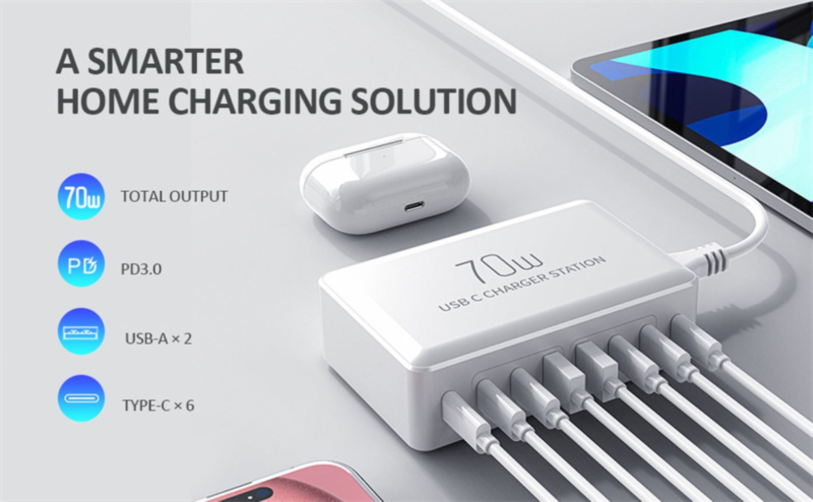 70W 8-Port USB PD Charger: 2 USB-A & 6 USB-C Fast Charging Station for iPhone, Huawei, Xiaomi, Samsung