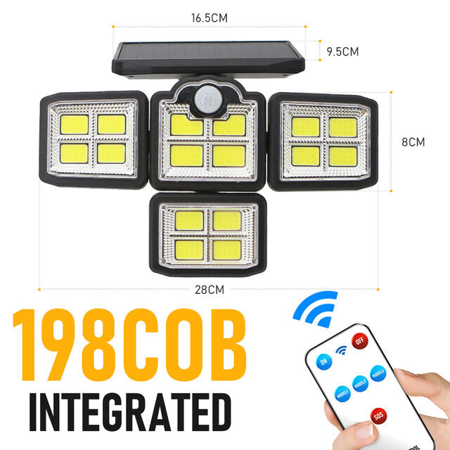 192/198 LED COB Solar Lights - 4 Head Motion Sensor, 270 Degree Wide Angle, Waterproof, Remote Control, Outdoor Garden Wall Lamp