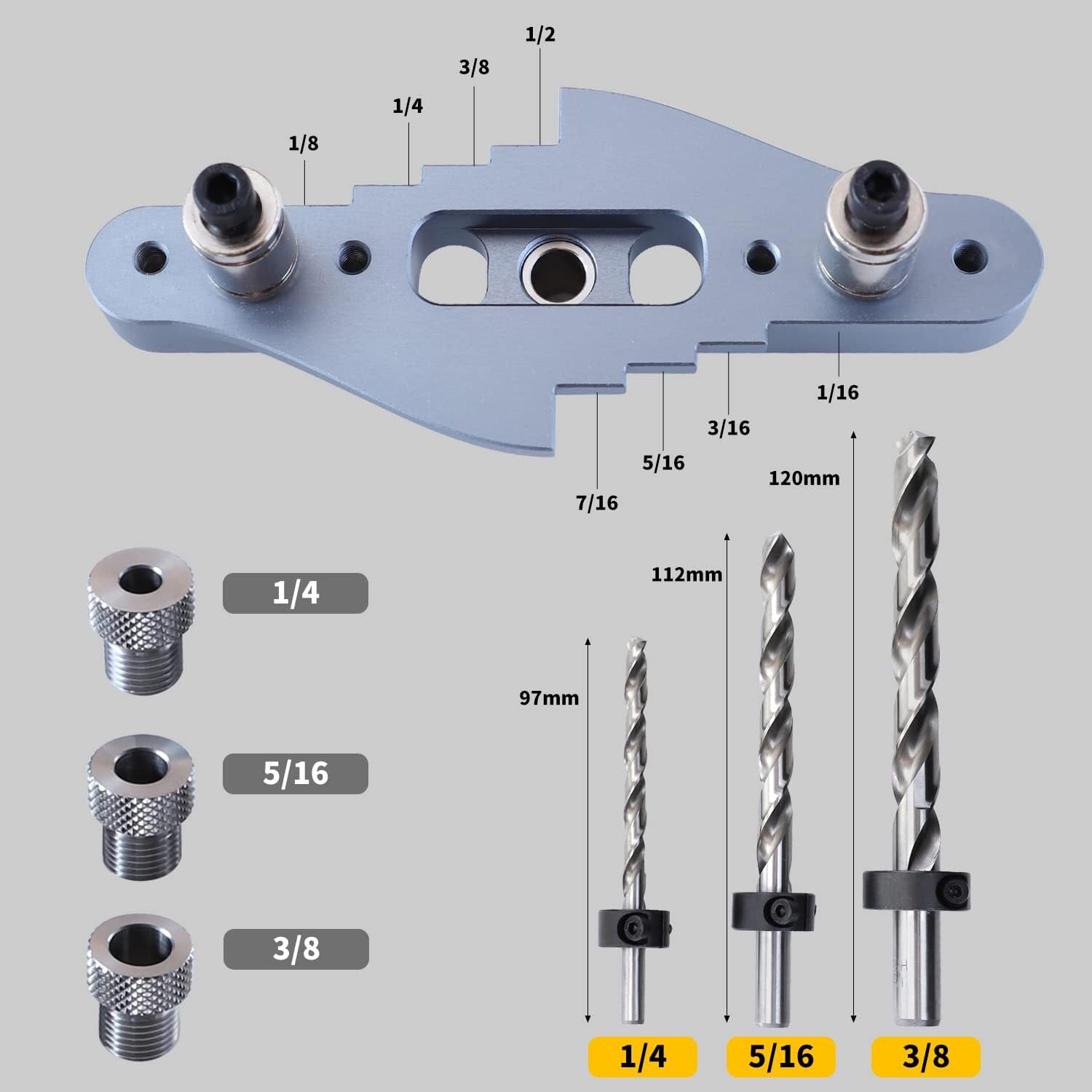 Präzisions-Dübellehren-Set – selbstzentrierendes Aluminiumwerkzeug mit 1/4, 5/16 und 3/8 Zoll Bohrern