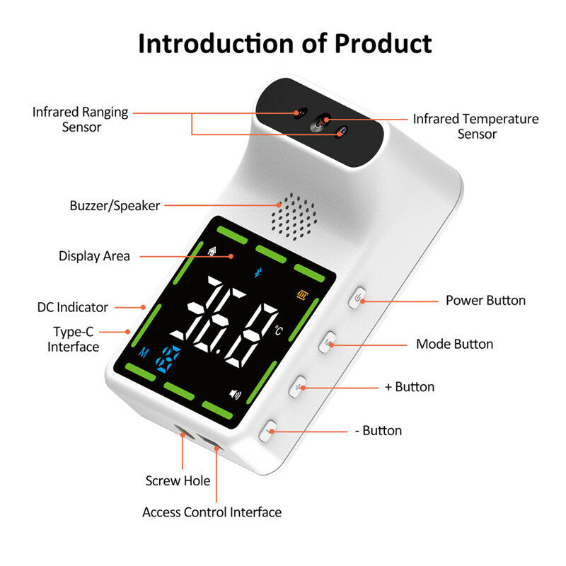 Wall-Mounted Non-Contact IR Infrared Forehead Thermometer with LCD Display and Fever Alarm