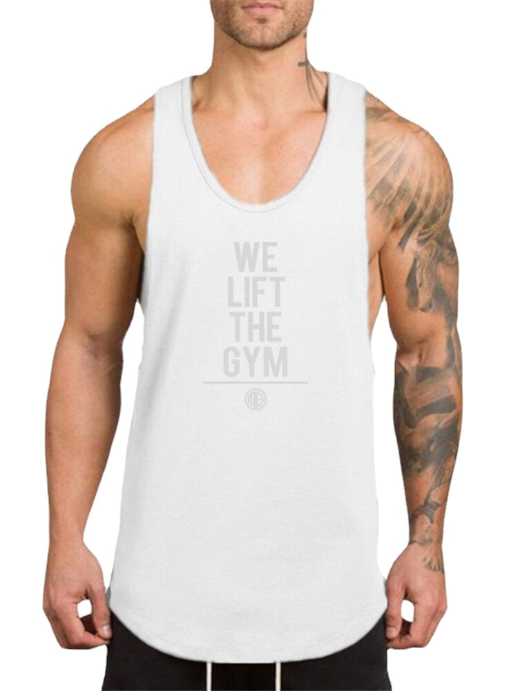 Atmungsaktive ärmellose Fitness-Tanktops aus Baumwolle für Herren – 5 Farben, Textdruck