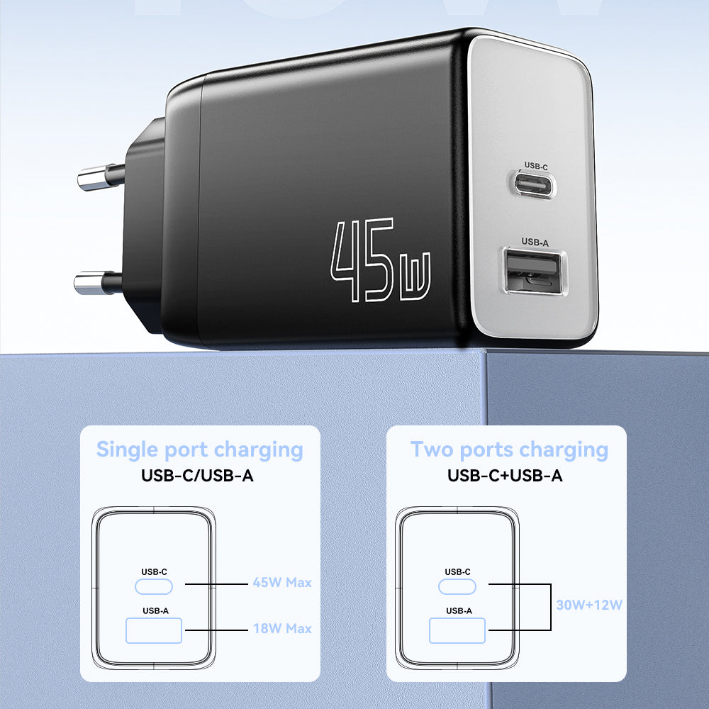 45W GaN USB PD Charger, Dual USB-A/USB-C Ports, Fast Charging, EU Plug for iPhone & Samsung