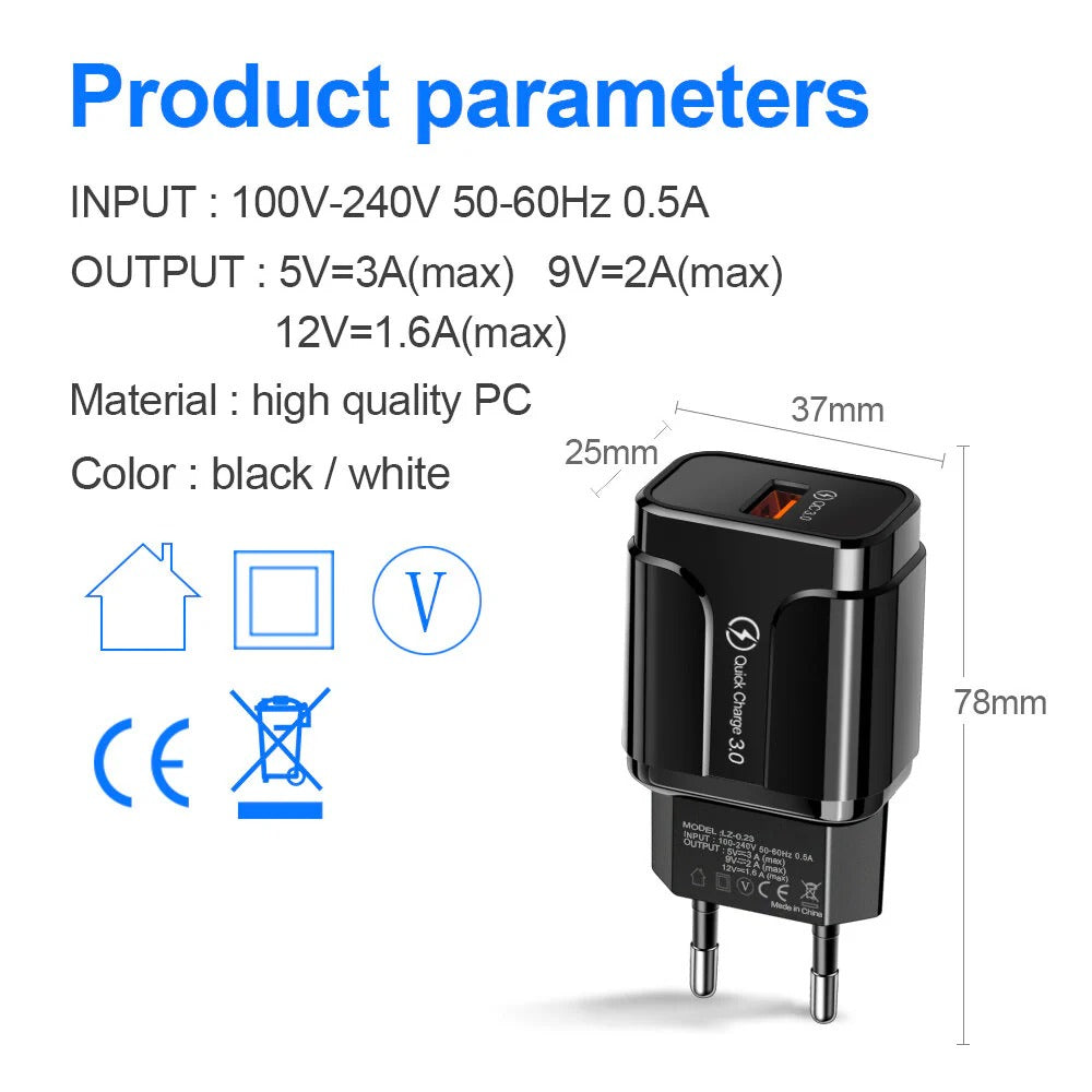 18W USB-A QC3.0 Schnellladegerät EU/US Stecker für iPhone, Huawei, Samsung, Xiaomi