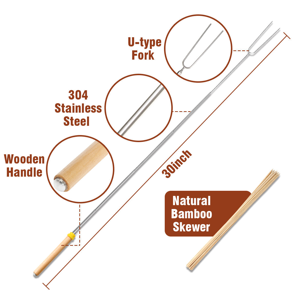 Extendable BBQ Roasting Sticks with Wooden Handle - Smores Kit for Fire Pit