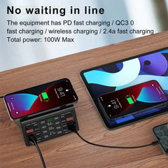 100W 8-Port USB PD Charger with Wireless Pad, Fast Charging for iPhone, Samsung, Oppo, Redmi