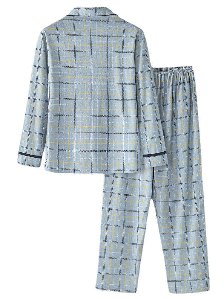 Pyjama-Set aus Baumwolle mit Gitter-Buchstabendruck und Reverskragen für Herren mit Tasche – Bequeme Nachtwäsche