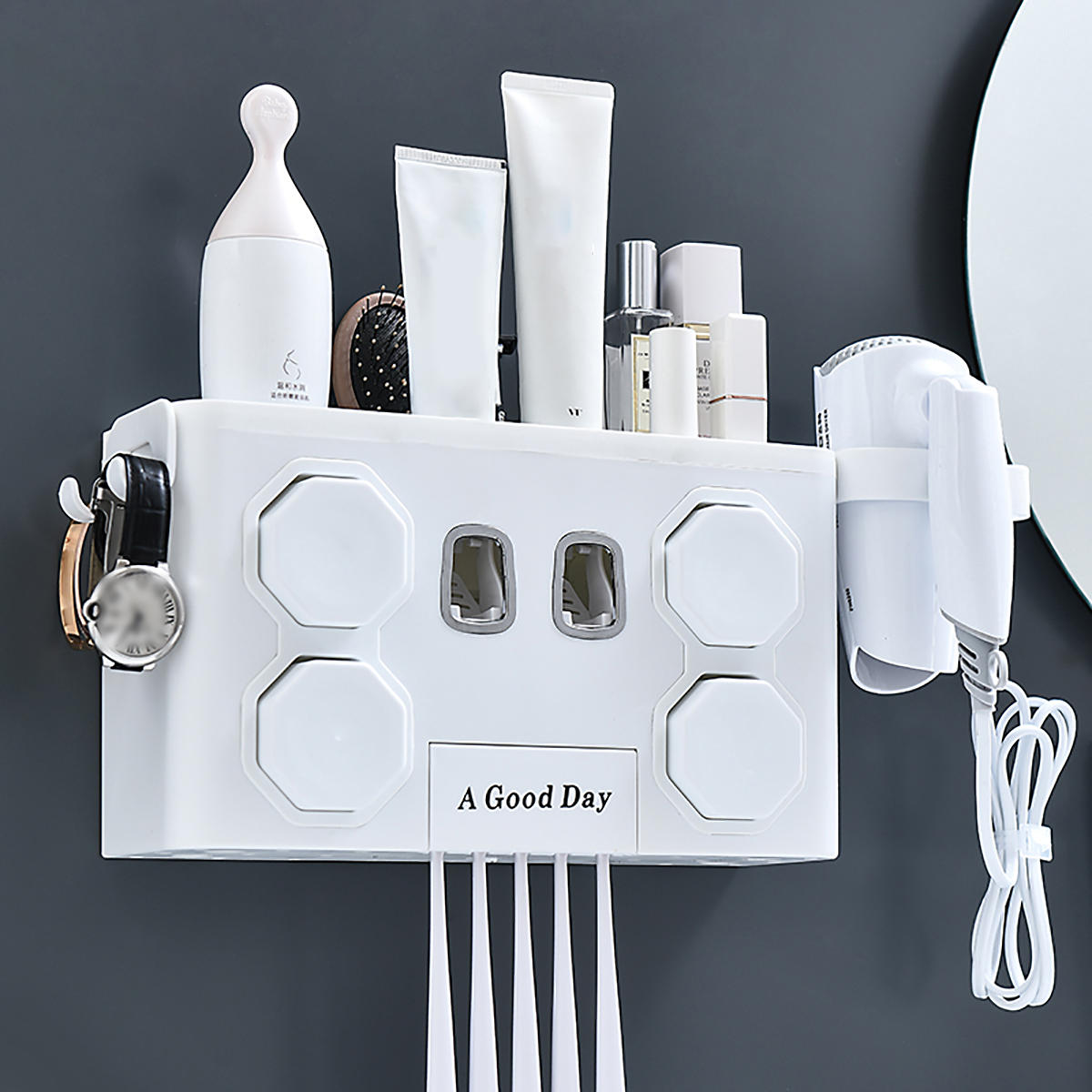 Multifunction Toothbrush Holder with Automatic Toothpaste Dispenser and Hair Dryer Rack