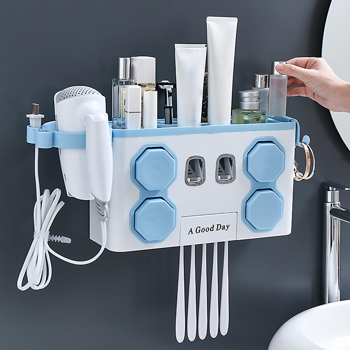 Multifunction Toothbrush Holder with Automatic Toothpaste Dispenser and Hair Dryer Rack