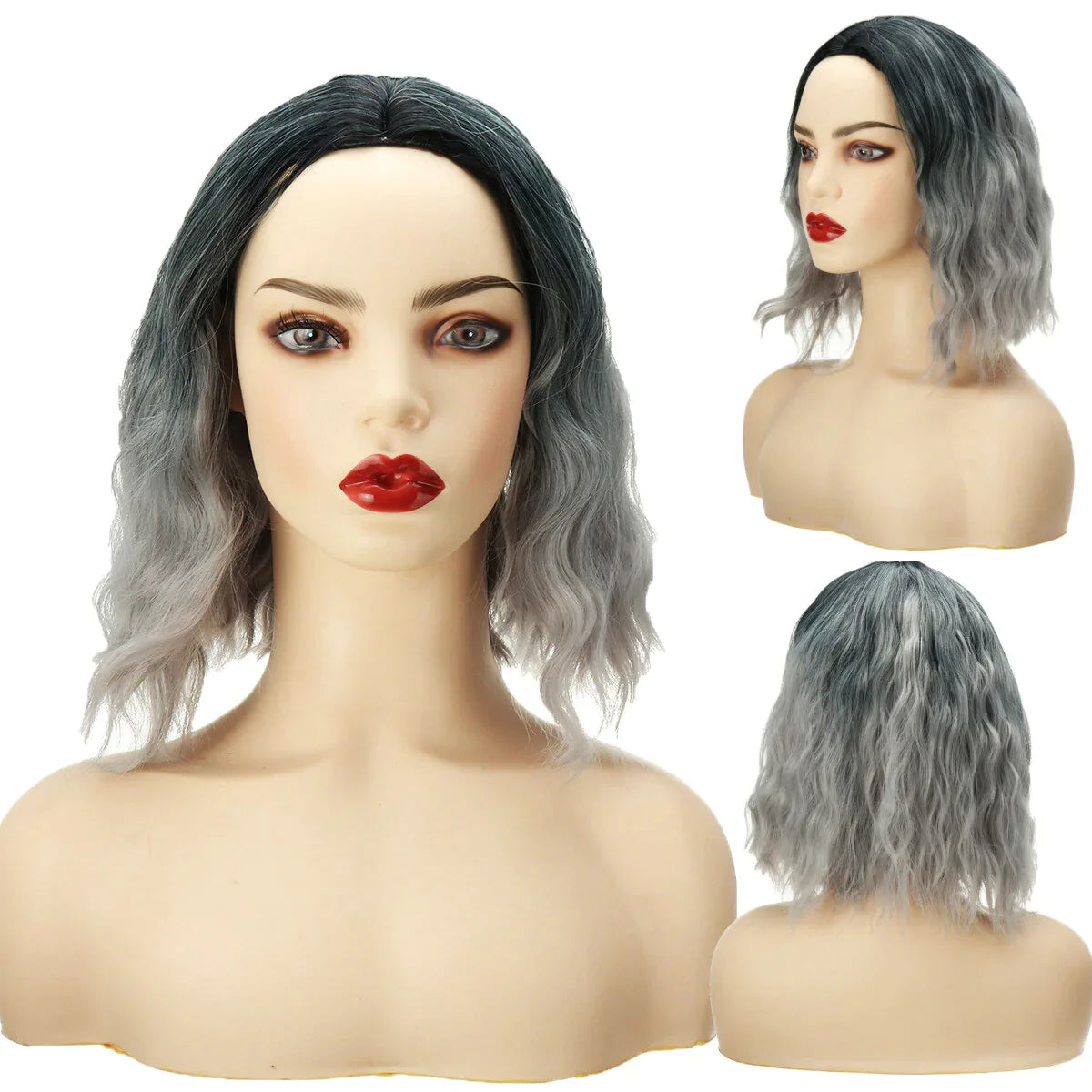 Ombre Black & Orange Water Wave Short Synthetic Cosplay Bob Wigs for Women - Multiple Colors Available