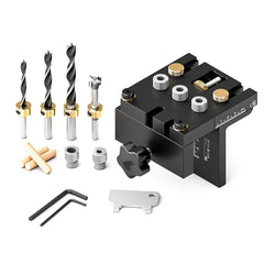 3-in-1 Adjustable Woodworking Dowelling Jig Kit: Pocket Hole Jig, Drilling Guide, Tenoning Pin Hole Puncher, 6/8/10/15mm