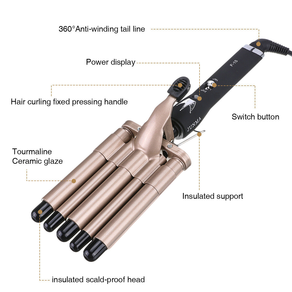 Triple Barrel Curling Iron for Beach Waves - Tourmaline Ceramic, 180 DegreeC/210 DegreeC, 20mm, Wet & Dry Hair Waver