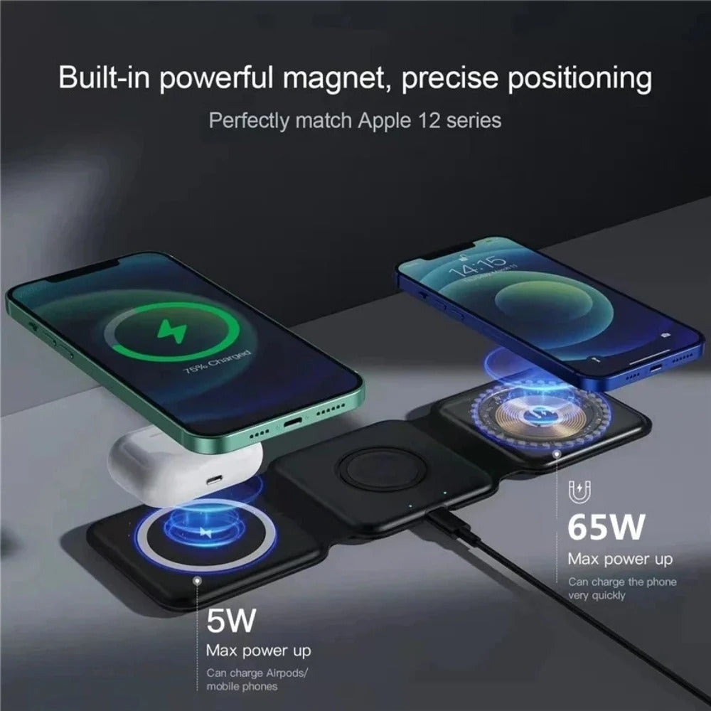 Foldable 100W 3-in-1 Magnetic Wireless Charger for iPhone, AirPods, and Apple Watch