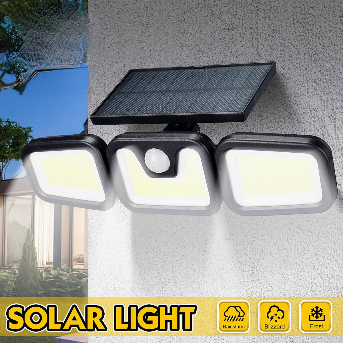 100COB LED Solar Light with 3 Rotatable Heads, Motion Sensor, IP65 Waterproof, Super Bright for Garden