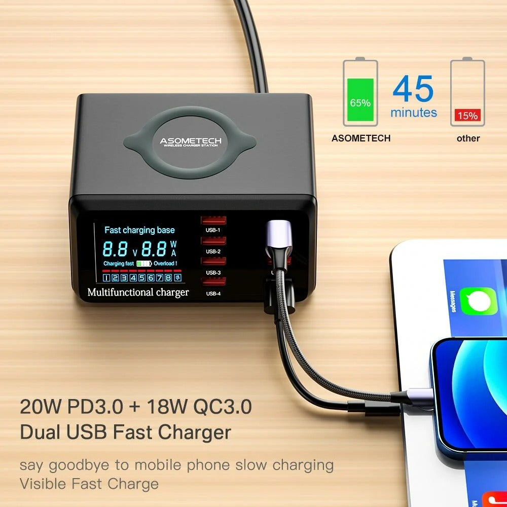 100 W 8-Port USB-Ladestation mit kabellosem Laden, schneller PD3.0 QC3.0-Adapter für iPhone, Samsung, Xiaomi, Oppo