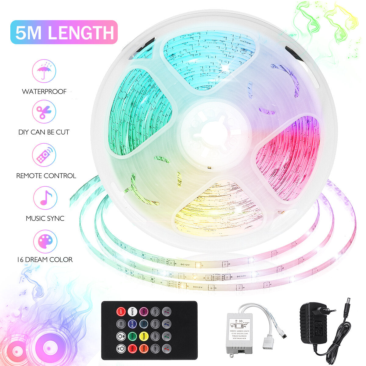 16FT RGB LED Light Strip 300 LEDs Waterproof/Non-Waterproof Music Sync with 20-Key Remote & Power Adapter