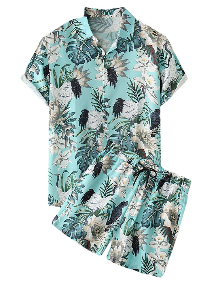 Men's Tropical Plant Print Button-Up Holiday Two-Piece Outfit