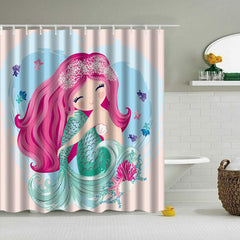 Pink Mermaid Shower Curtain - Waterproof Fabric, 12 Hooks, Cartoon Mermaid Wave Fish Design for Kids & Adults Bathroom Decor