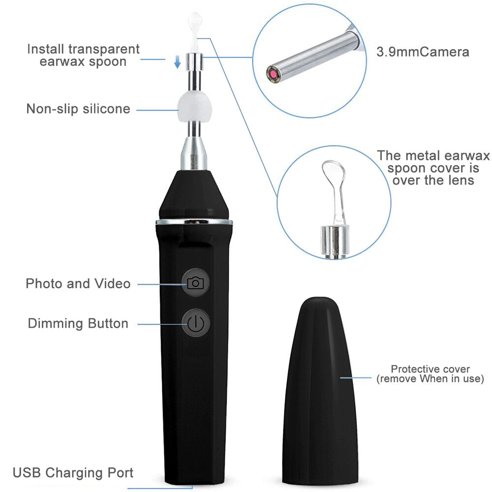 Kabelloses 3,9-mm-HD-WLAN-Otoskop, wasserdichte IP67-LED-Ohrkamera, USB-Lade-Werkzeugset zum Entfernen von Ohrenschmalz