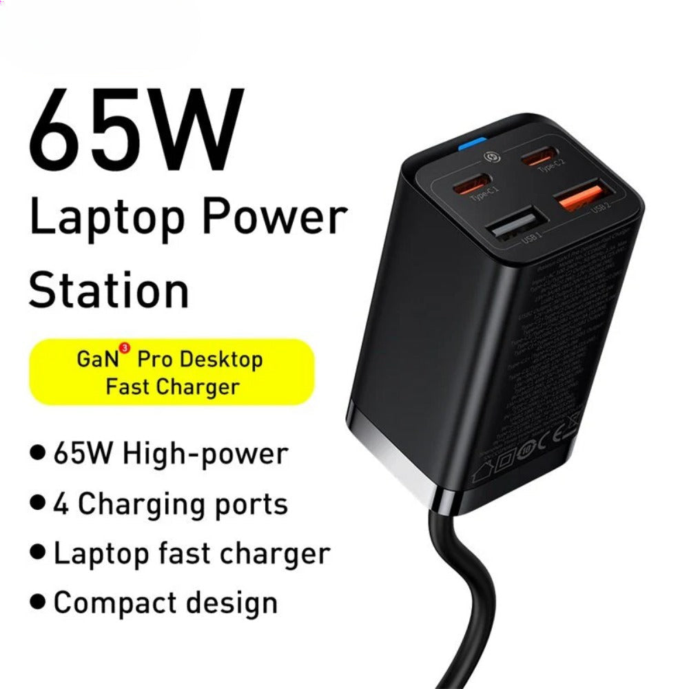 GaN3 Pro 65W 4-Port USB PD Charger with 100W Cable - Fast Charging Station