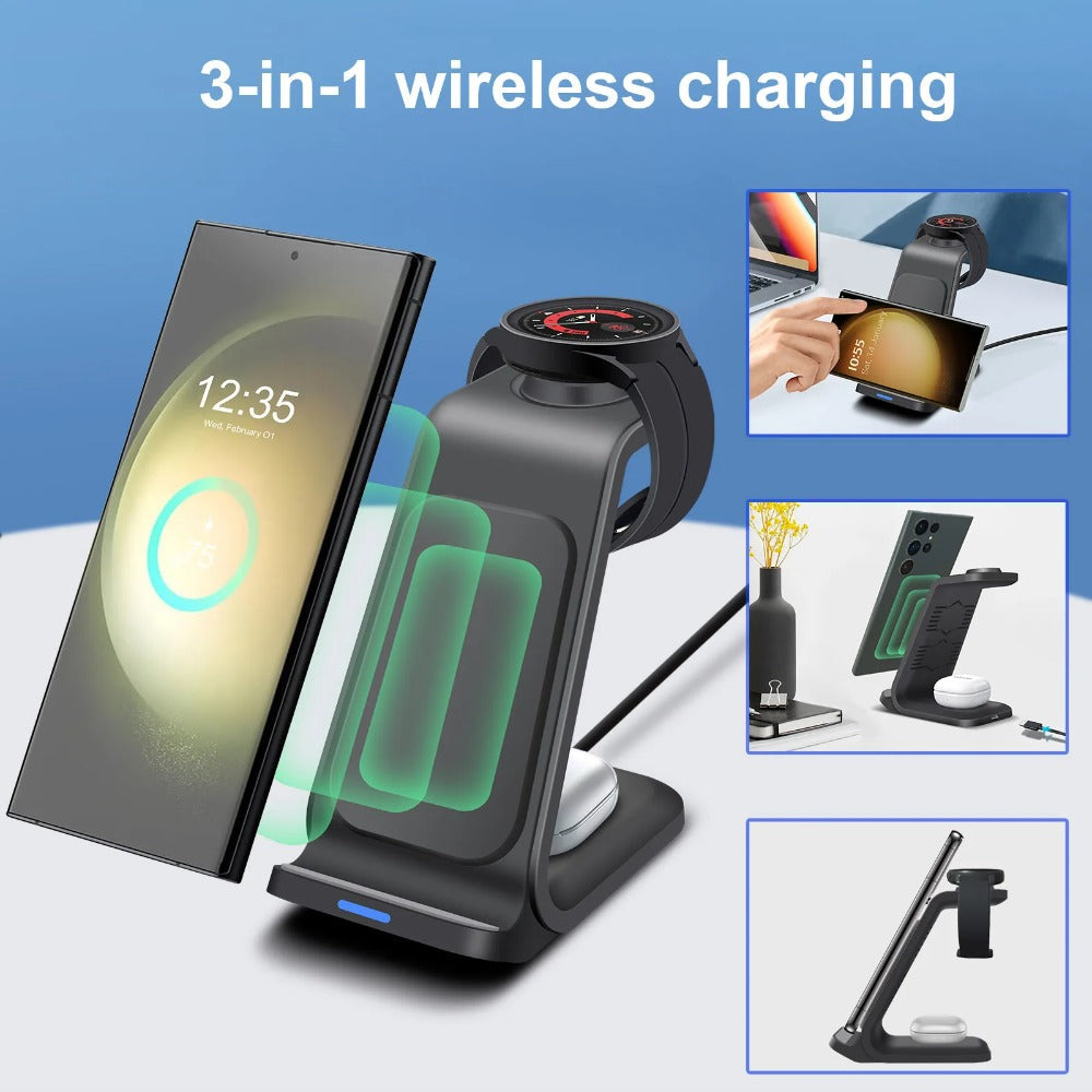 3-in-1 Wireless Fast Charger Dock for Samsung S23/S22, Galaxy Watch, and Buds