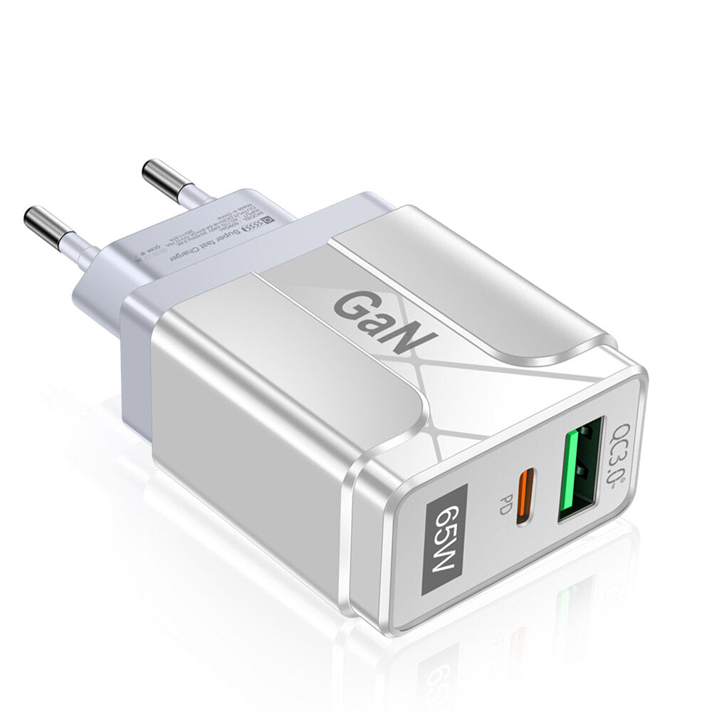 65W GaN Dual USB PD Ladegerät &amp; 33W USB-A QC3.0 Schnellladegerät, EU-Stecker für iPhone 14, iPad, Huawei, Xiaomi