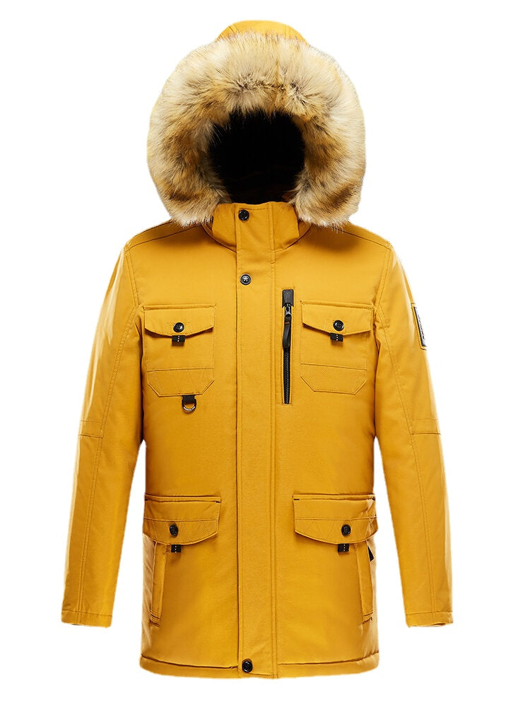 Men's Windproof Warm Mid-Length Coat with Faux Fur Collar and Multiple Pockets