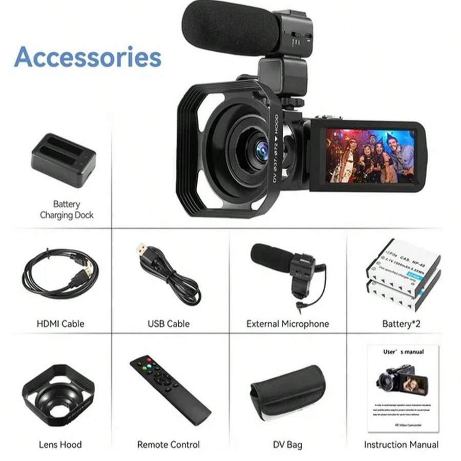 4K-Videokamera-Camcorder: 18-facher Zoom, 48 MP, 3,0-Zoll-Touchscreen, Mikrofon, Fernbedienung, Nachtsicht, 2 Akkus für Vlogging