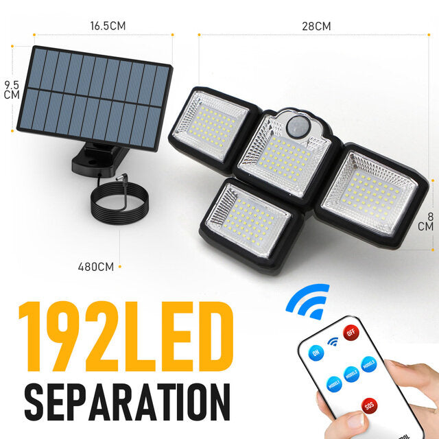 192/198 LED COB Solar Lights - 4 Head Motion Sensor, 270 Degree Wide Angle, Waterproof, Remote Control, Outdoor Garden Wall Lamp