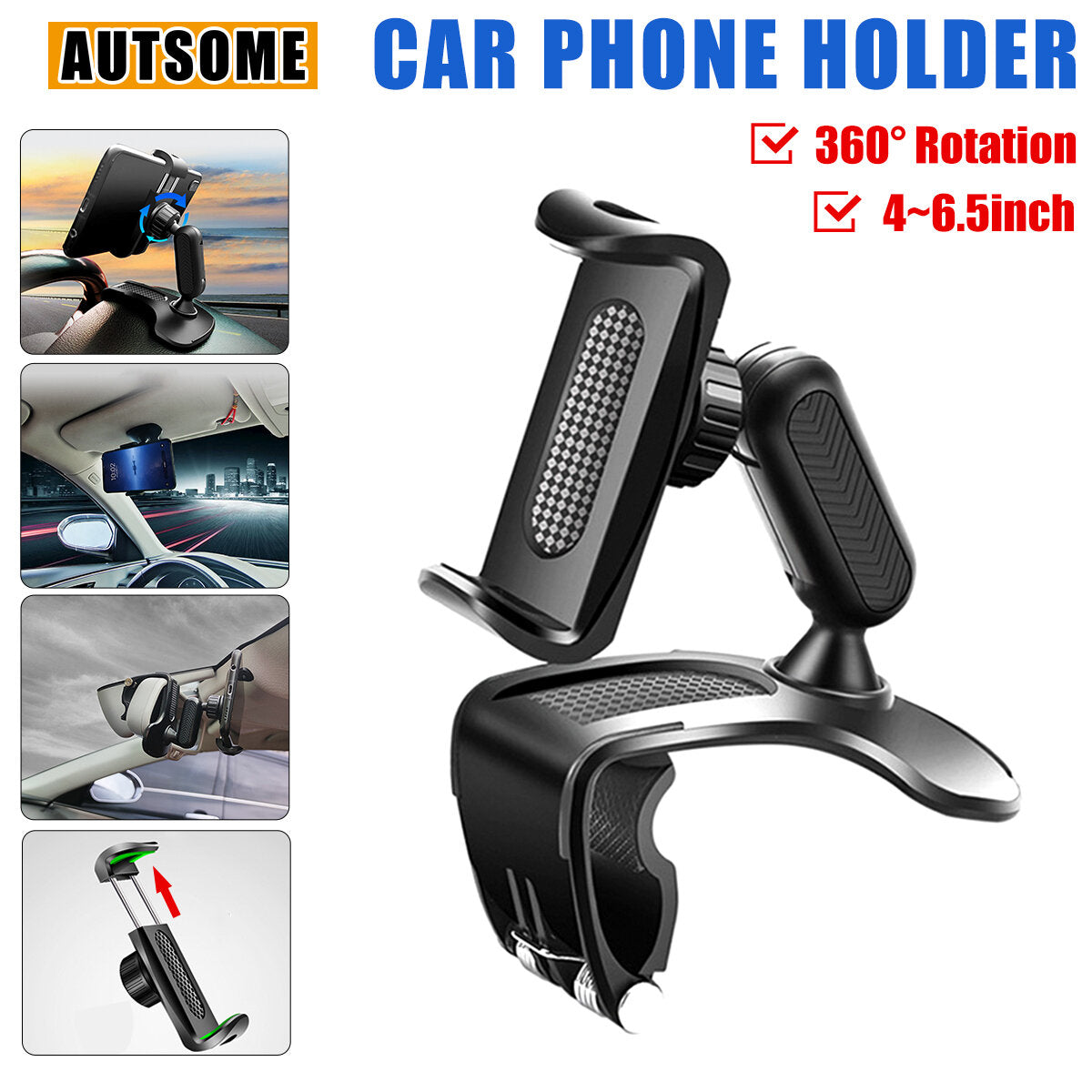 360 Degree Rotation Car Phone Holder for Sun Visor and Dashboard