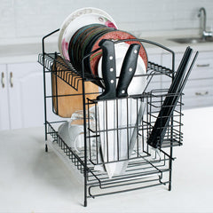 2-Layer Dish Drainer Rack with Cutlery Holder, Drip Tray, and Kitchen Storage