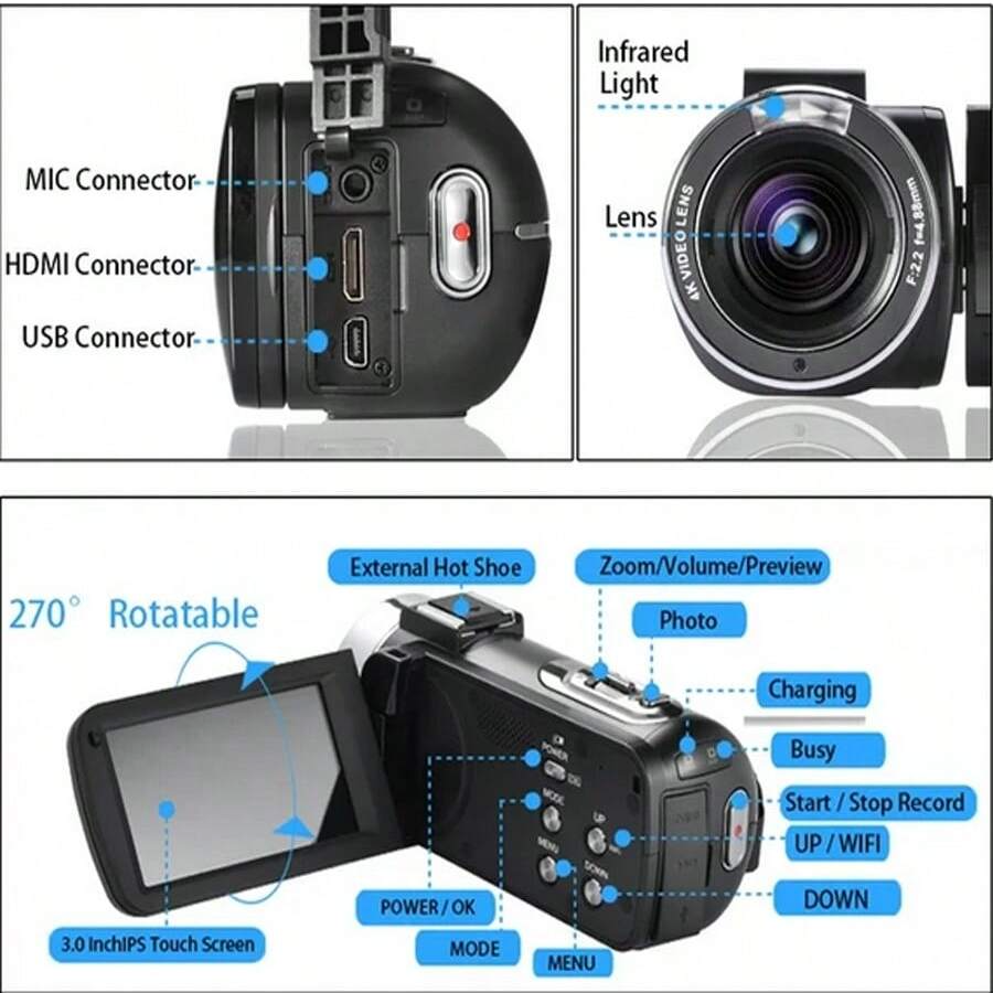 4K Video Camera Camcorder: 18X Zoom, 48MP, 3.0" Touchscreen, Mic, Remote, Night Vision, 2 Batteries for Vlogging