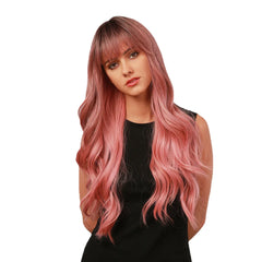 28" Brown Gradient Pink Curly Wig with Air Bangs - Big Wave Length, Full Head Cover, Perfect for Christmas