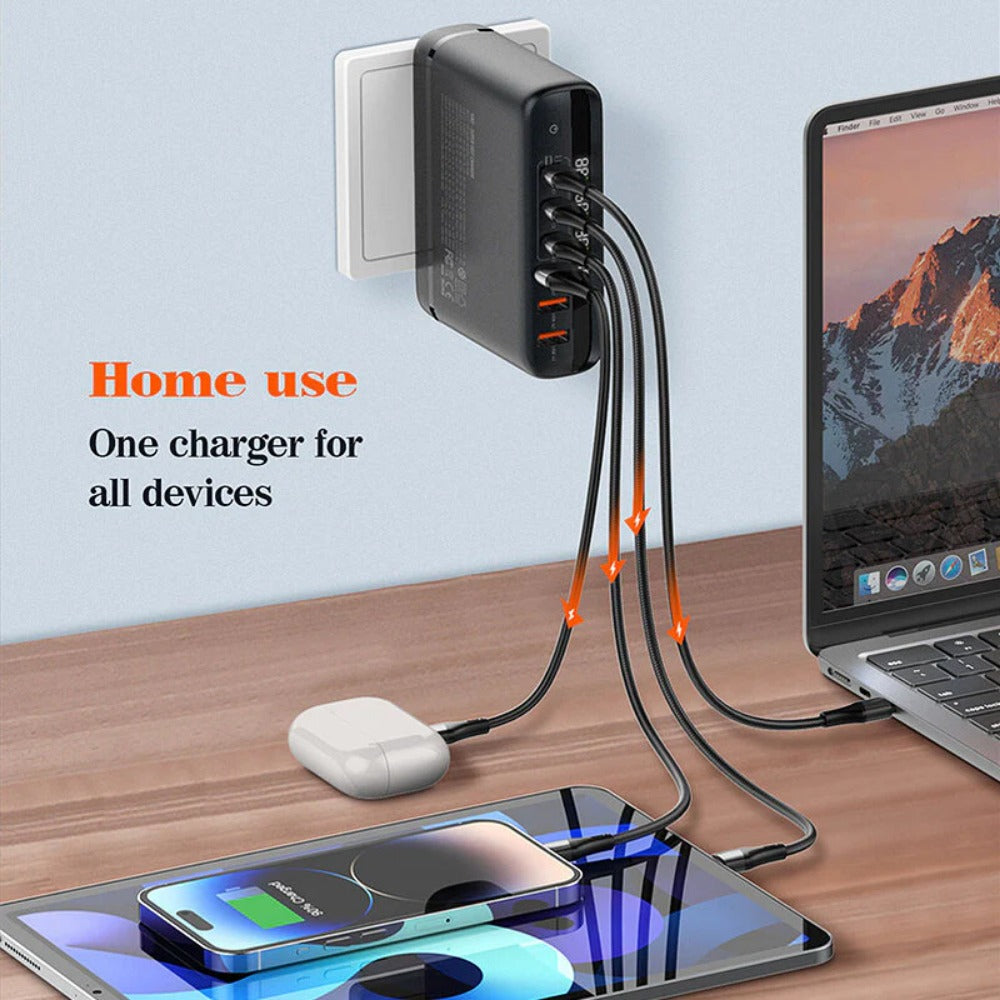 140W GaN 6-Port USB PD Charger: 3 USB-C & 3 USB-A, Fast Charging for iPhone, Samsung, Oppo