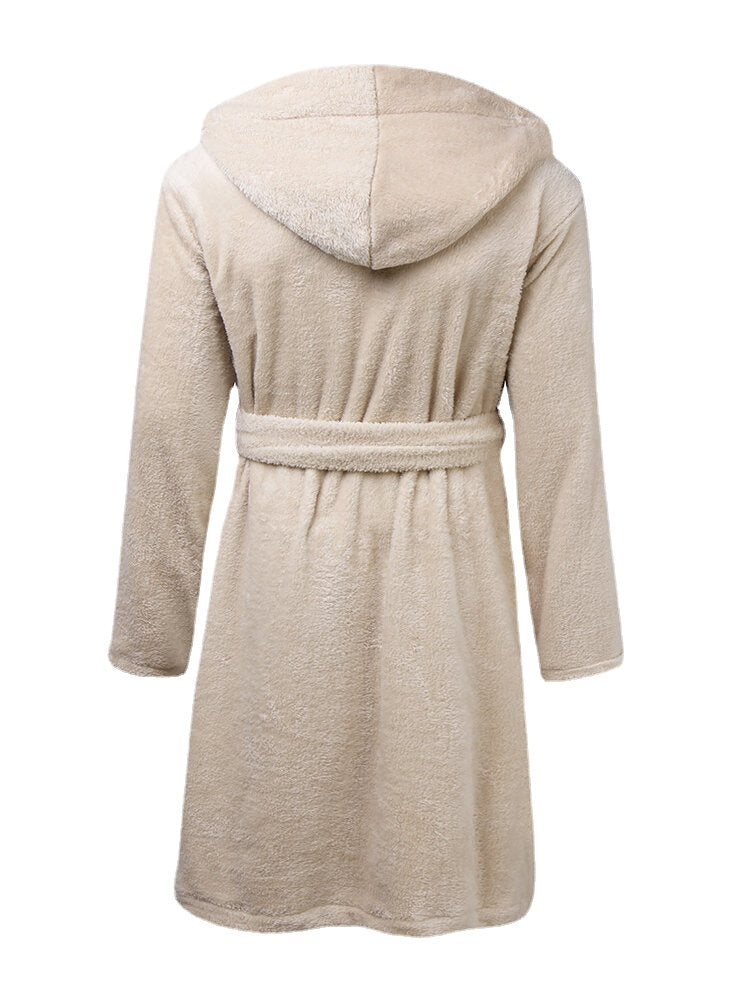 Warmer Herren-Bademantel aus einfarbigem Flanell mit Kapuze und Schnürverschluss