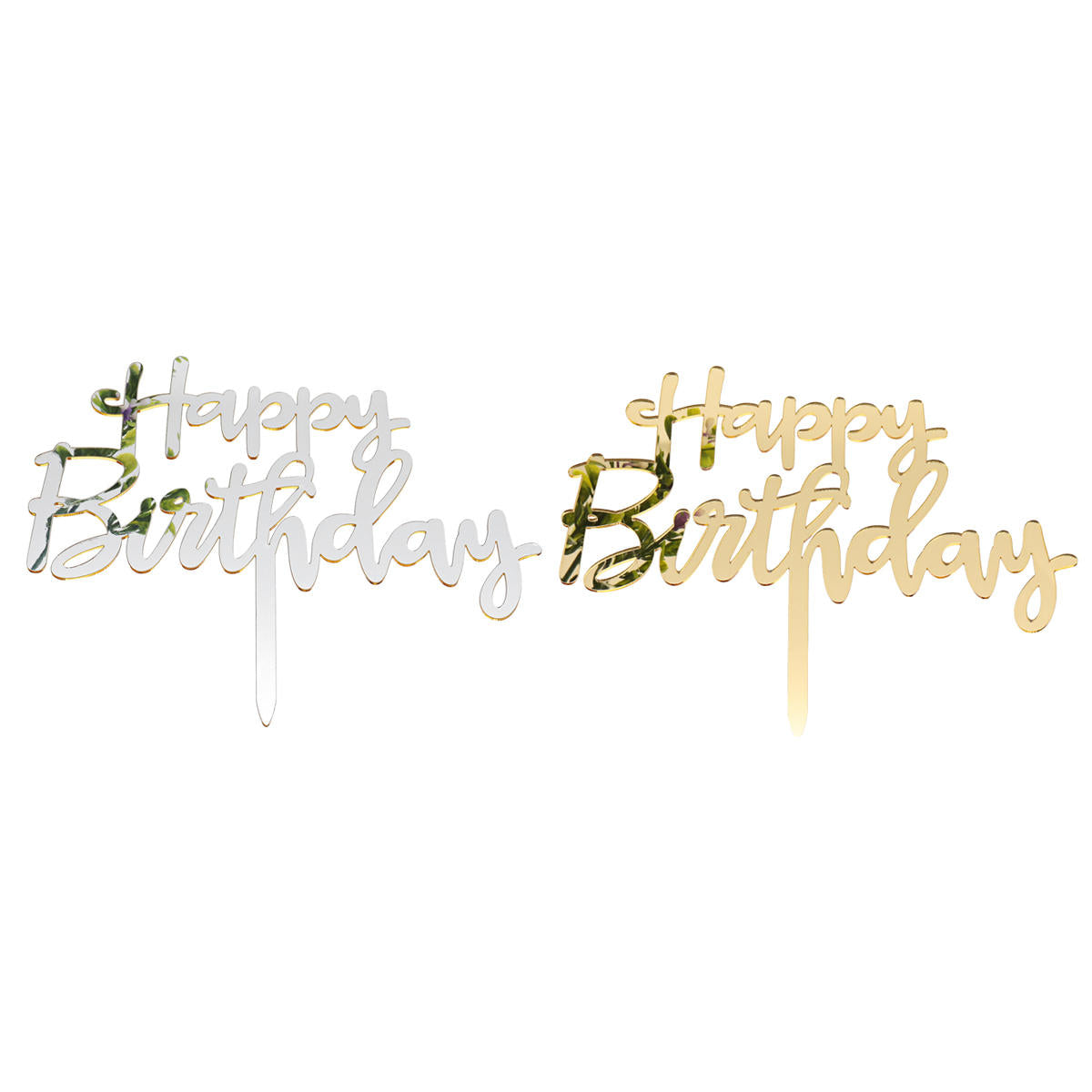 Gold & Silver Acrylic Mirror Happy Birthday Cake Topper Decorations