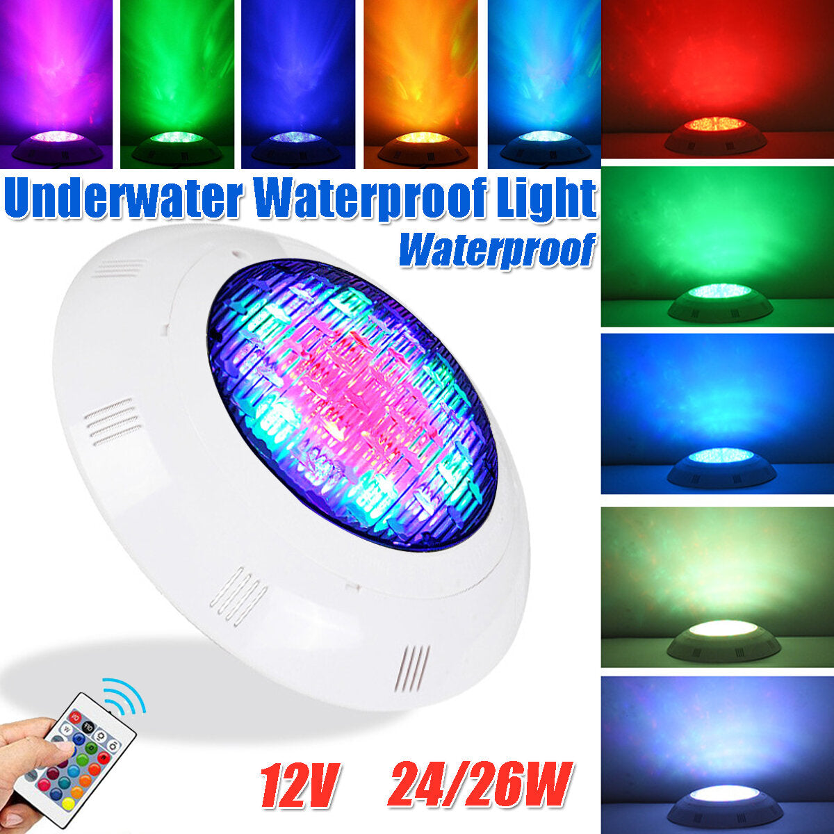 12V RGB LED Swimming Pool Light Bulb, 24W/36W, Underwater Decor, IP68, Remote Control Included