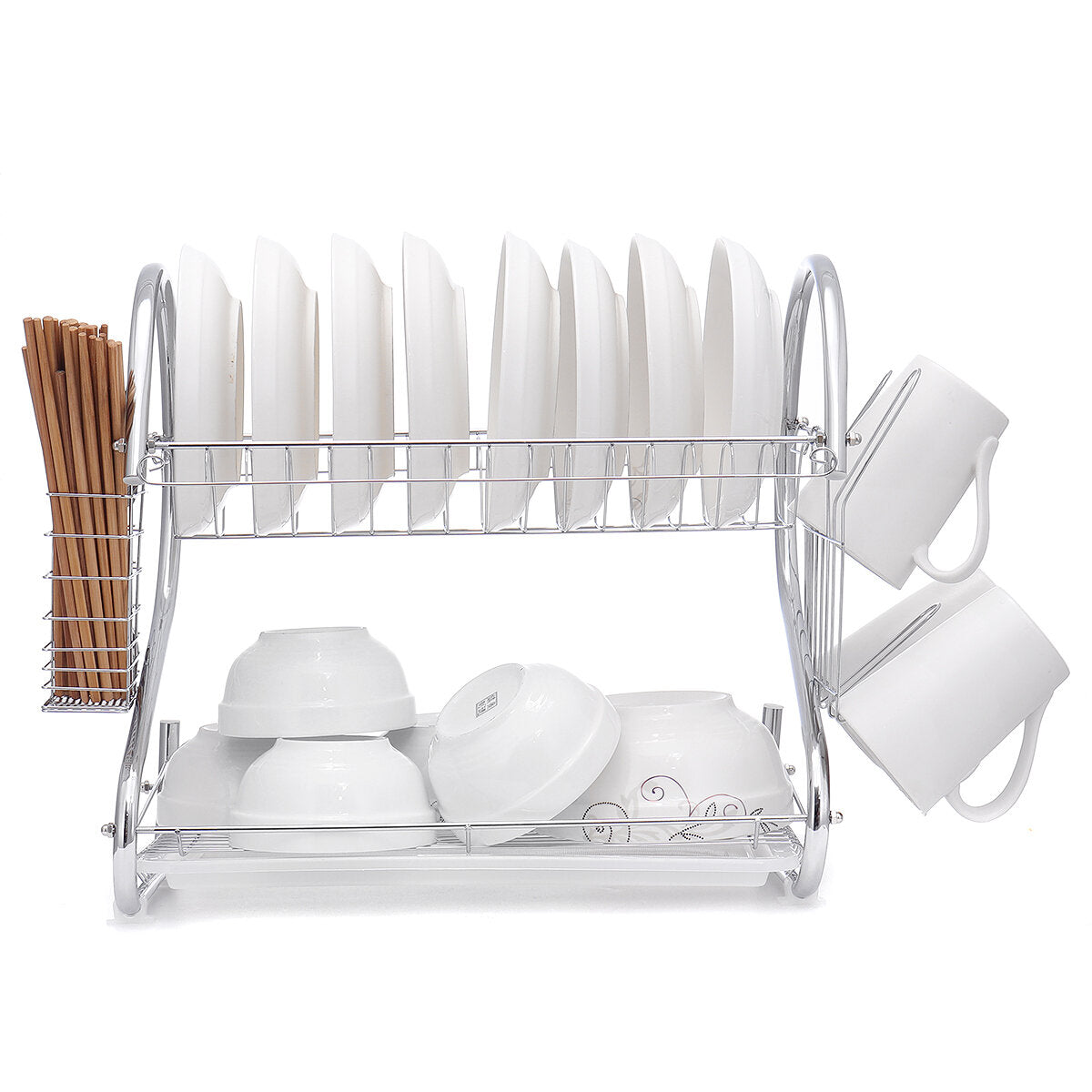 2-Tier Dish Drying Rack with Utensil and Cup Holders, Dish Drainer for Kitchen Counter