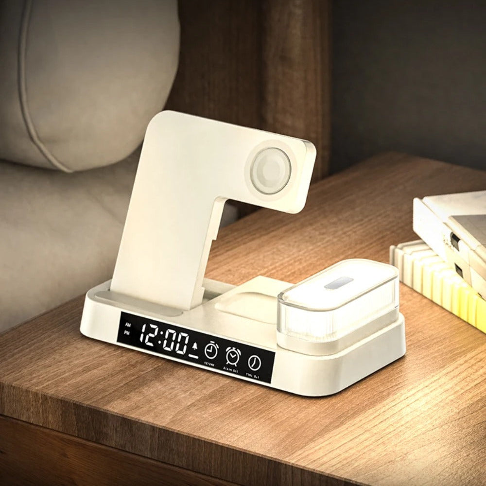 30W 3-in-1 Wireless Charger Stand with Alarm Clock & Night Light for iPhone and Samsung Devices