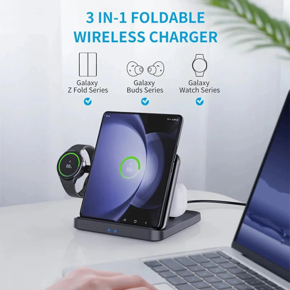 15W Foldable Wireless Charger Pad for iPhone, Samsung, Apple Watch, and AirPods