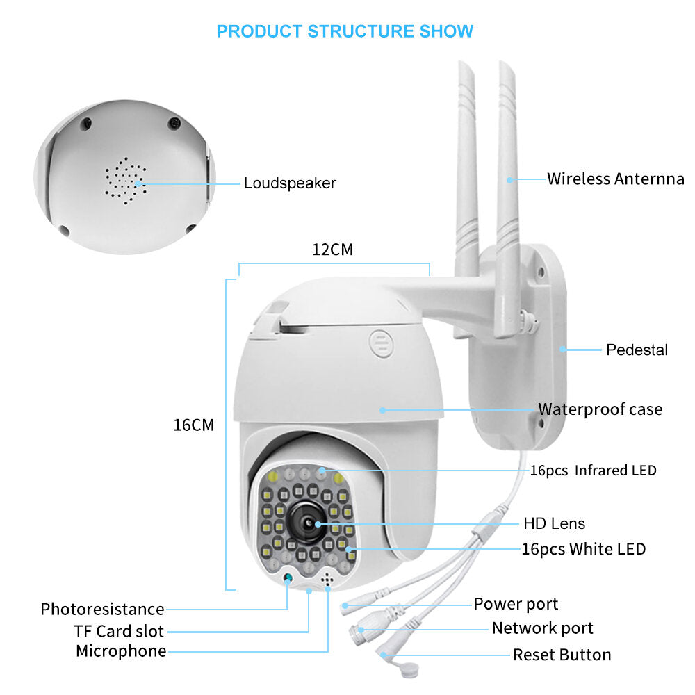 1080P HD WLAN IP-Sicherheitskamera für den Außenbereich – 4-facher Zoom, 32 LEDs, Licht- und Tonalarm, Nachtsicht, wasserdicht