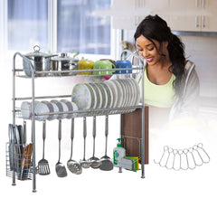 2-Tier Stainless Steel Dish Drainer Rack with Cutlery Holder & Drip Tray for Single Sink - Kitchen Tool