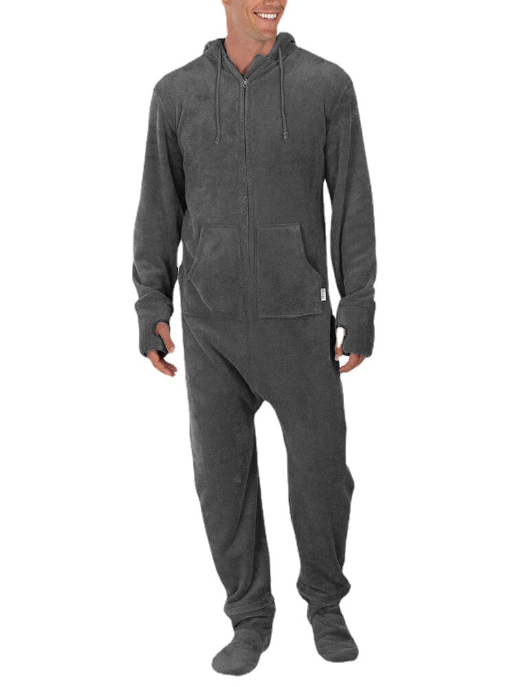 Dicker Flanell-Schlafanzug für Herren mit Kapuze, Daumenlöchern und Socken – Thermo-Loungewear