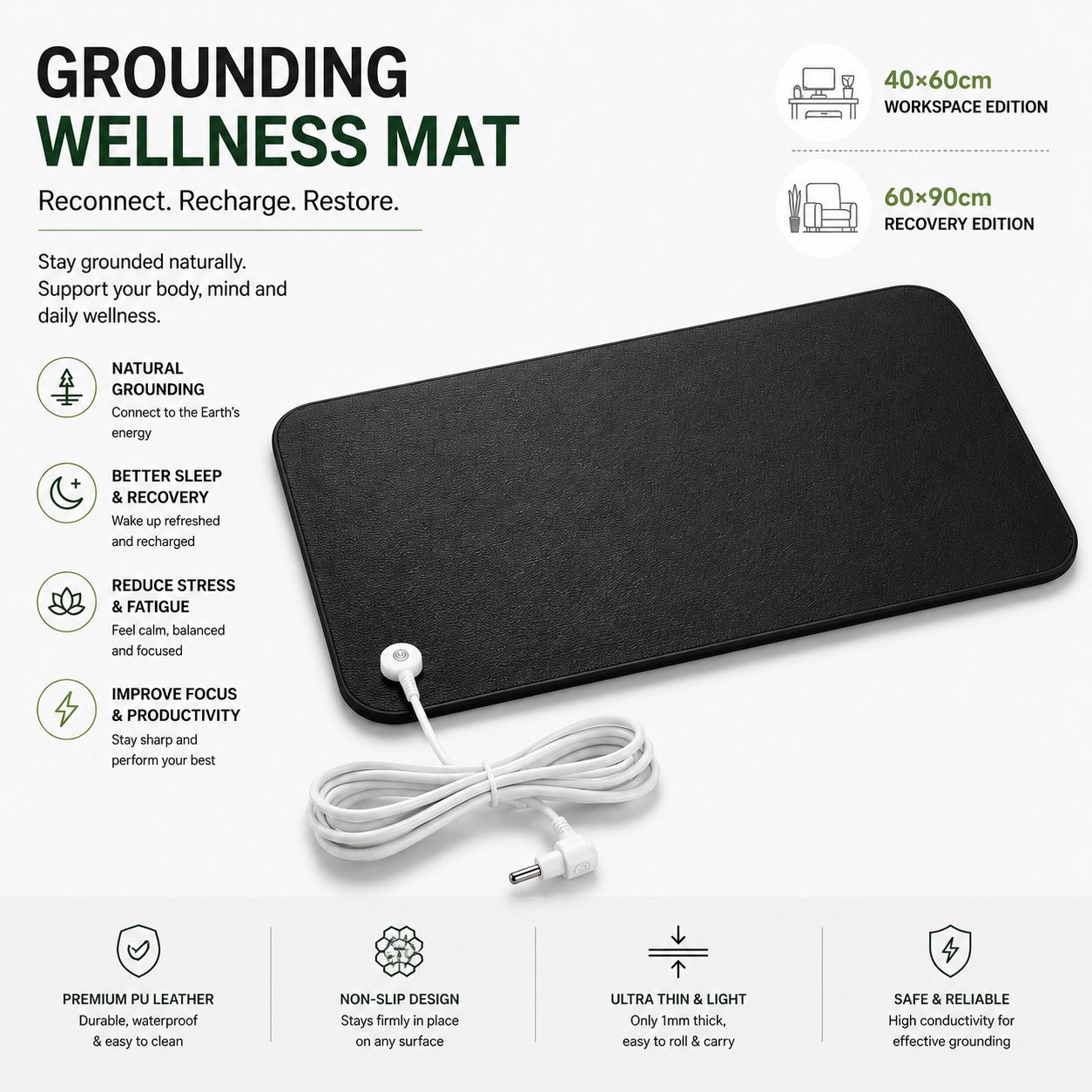 7HealthWell | EarthSc™ Ultra-Thin Grounding Mat (Black) - For Enhanced Relaxation & Daily Well-being