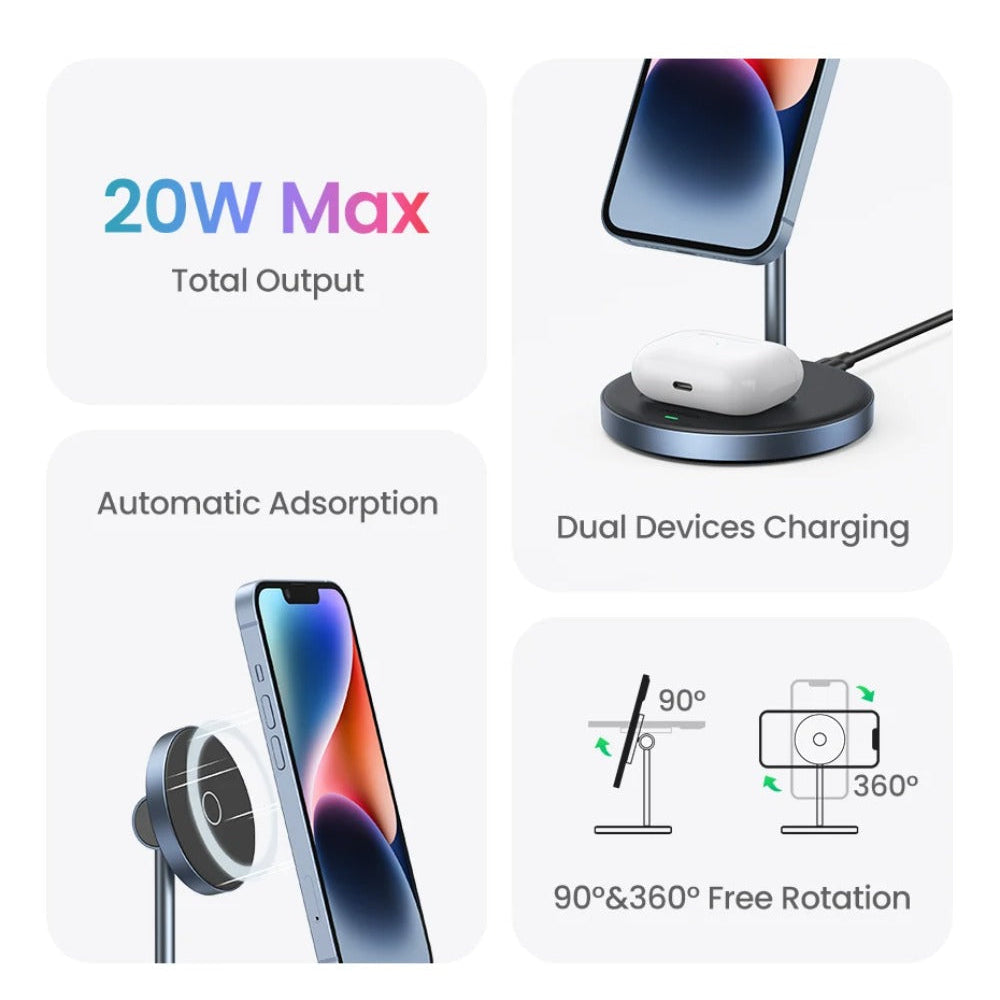 20W Magnetic Wireless Charger Stand 2-in-1 for iPhone 15/14/13 Pro Max & AirPods