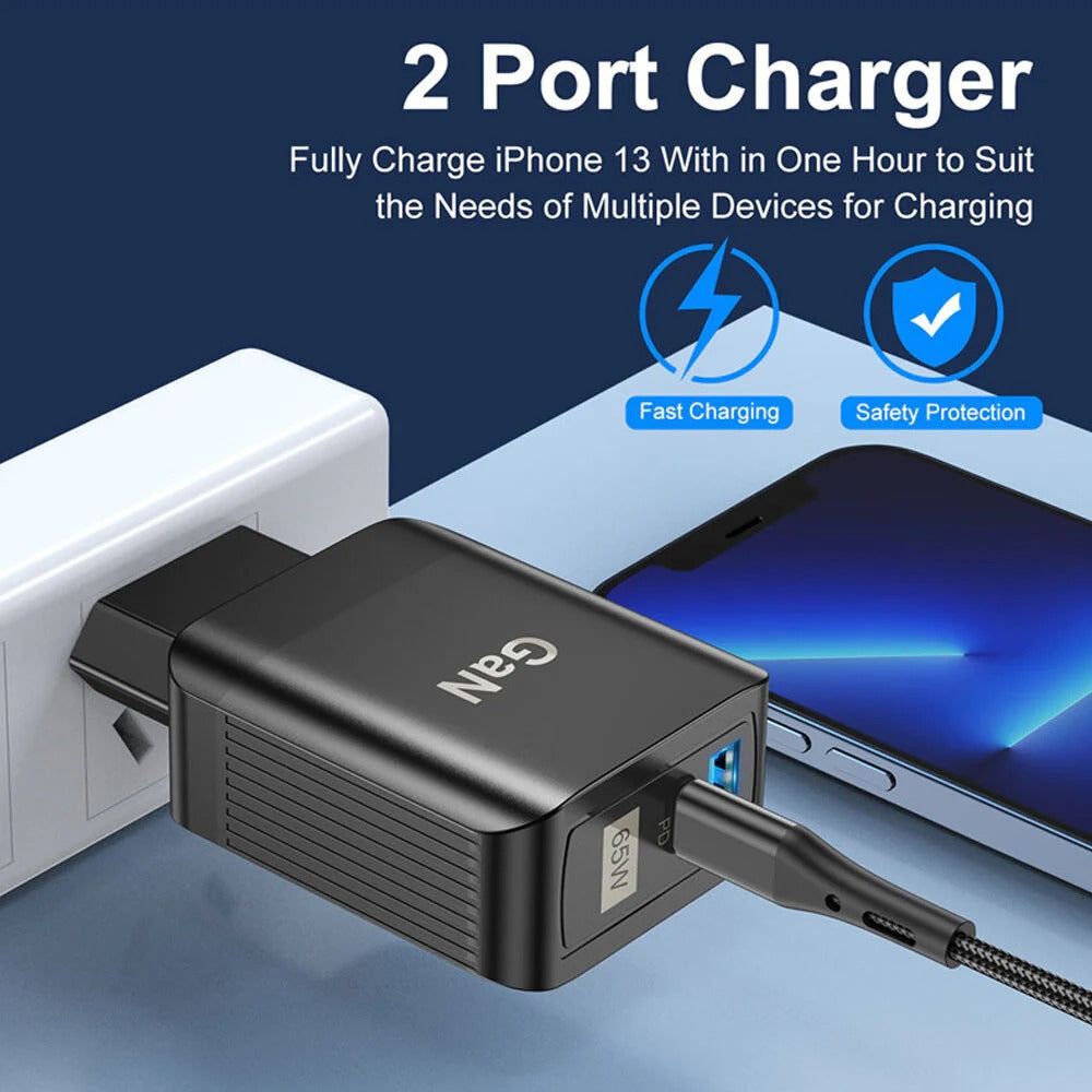 65W GaN Dual USB PD Charger, Fast Charging Adapter for Xiaomi, iPhone, Samsung Devices