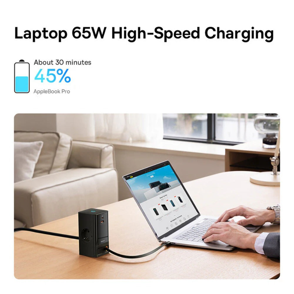 65 W GaN 4-Port USB-Ladegerät: 2 AC, 1 USB-A, 1 USB-C, einziehbar, Schnellladung, EU-Stecker