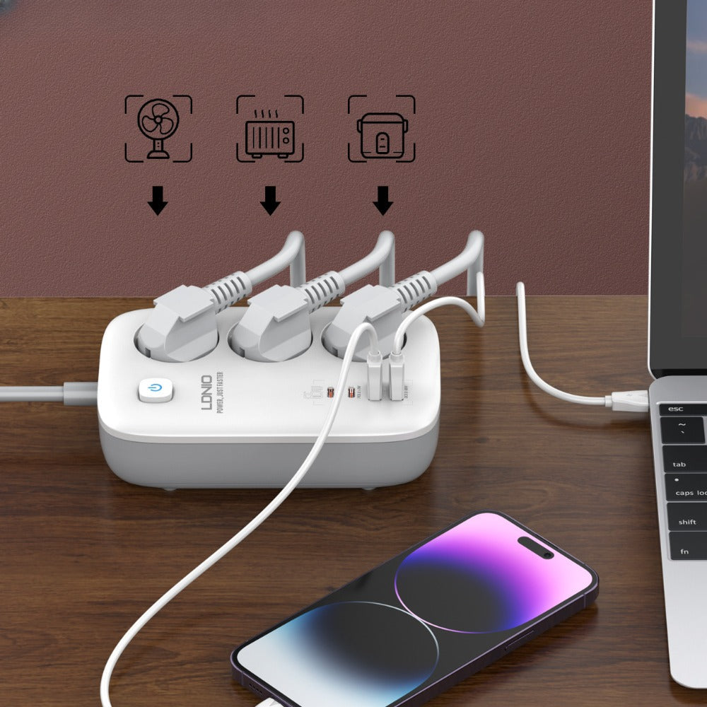 3250W GaN 7-Port Power Strip: 2 USB-A, 2 USB-C, 3 Sockets, Fast Charging, EU Plug