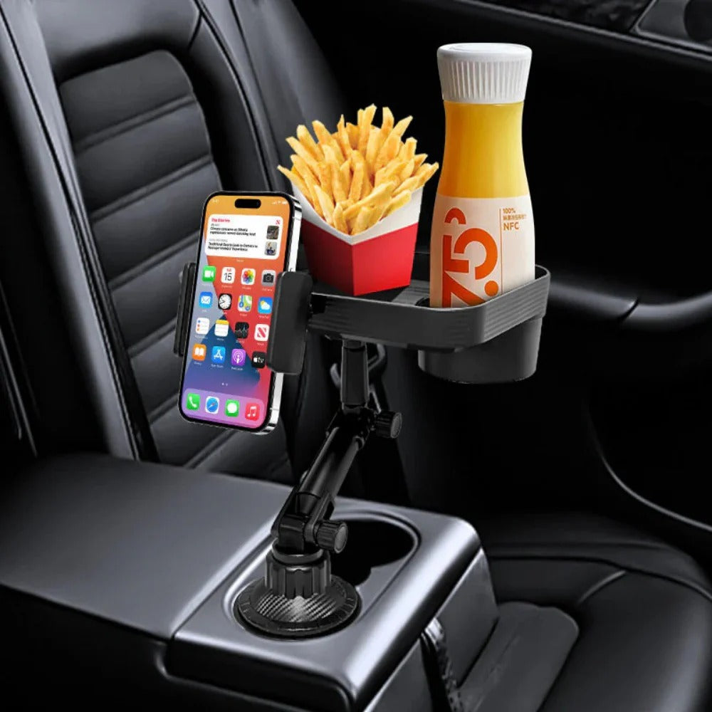 2-in-1 Car Food Tray Table with Detachable Cup Holder & 360 Degree Rotation for Drinks & Phone