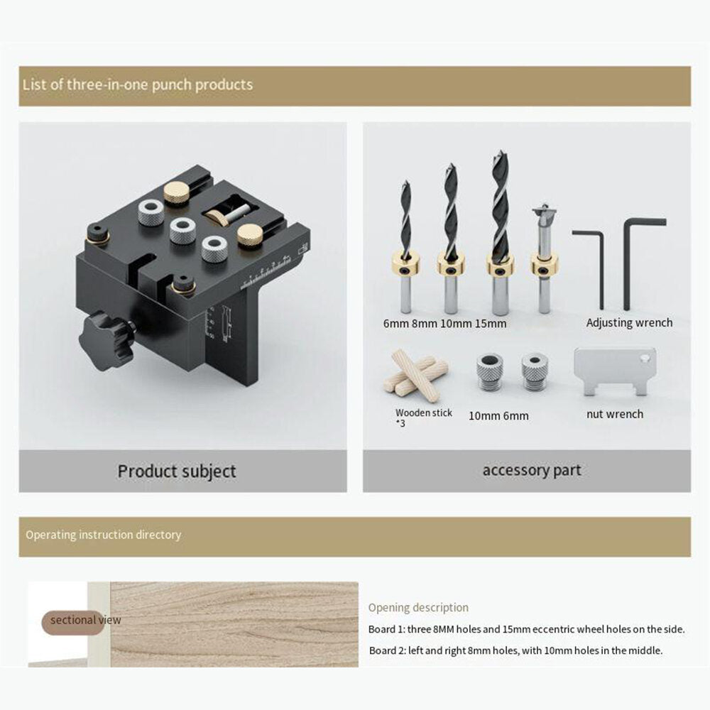 3-in-1-Set verstellbarer Dübellehren-Satz für die Holzbearbeitung: Taschenlochlehre, Bohrführung, Zapfenlochstanzer, 6/8/10/15 mm